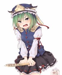 Rule 34 | 1girl, :3, :p, black skirt, blue eyes, blue hat, blue vest, blush, commentary request, cowboy shot, crying, crying with eyes open, epaulettes, frilled hat, frills, ghost, green hair, hat, highres, holding, juliet sleeves, leaning forward, long sleeves, miniskirt, miyo (ranthath), open mouth, puffy sleeves, red ribbon, ribbon, rod of remorse, shiki eiki, shirt, short hair, simple background, skirt, solo, standing, tears, tongue, tongue out, touhou, triangular headpiece, vest, white background, white ribbon, white shirt