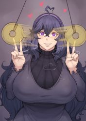 Rule 34 | 1girl, alternate breast size, breasts, creatures (company), game freak, hex maniac (pokemon), higher resolution available, highres, huge breasts, hypnosis, messy hair, metal owl (aden12), mind control, motion blur, nintendo, pokemon, pokemon xy, purple hair, smile