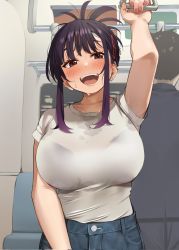 Rule 34 | 1boy, 1girl, arm up, blush, bra visible through clothes, breasts, brown eyes, corrupted twitter file, dripping, elder cousin (igarashi kyouhei), hair ornament, hairclip, highres, igarashi kyouhei, large breasts, looking at viewer, medium hair, nervous sweating, open mouth, original, purple hair, shirt, shirt tucked in, short sleeves, smile, solo focus, sweat, train interior, white shirt