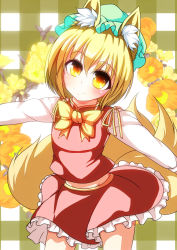Rule 34 | 1girl, animal ears, blonde hair, bow, chen, chen (cosplay), child, cosplay, female focus, flower, fox ears, fox tail, hat, long sleeves, looking at viewer, merry (diameri), midriff, multiple tails, outstretched arms, shirt, skirt, skirt set, smile, solo, tail, touhou, vest, yakumo ran, yellow eyes, aged down