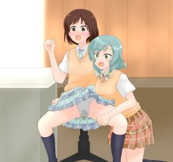 Rule 34 | 2girls, aqua hair, bang dream!, black socks, blue neckwear, blue skirt, blush, bow, braid, breasts, brown eyes, brown hair, brown sweater, chair, clenched hand, constricted pupils, embarrassed, female focus, flat chest, green eyes, grey panties, hair bow, hand up, have to pee, hazawa tsugumi, highres, hikawa hina, holding legs, indoors, kneehighs, kneeling, looking at another, matching hair/eyes, miniskirt, multiple girls, necktie, nose blush, open mouth, panties, peeing, peeing self, plaid, plaid skirt, pleated skirt, red neckwear, red skirt, school uniform, sen no yugami, shirt, short hair, short sleeves, sitting, skirt, small breasts, socks, spread legs, striped neckwear, surprised, sweat, sweater, textless version, trembling, twin braids, underwear, wet, wet clothes, wet panties, white shirt, wide-eyed, yellow bow, yuri