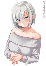 Rule 34 | 1girl, blue eyes, blush, breasts, close-up, collarbone, ebifurya, hair ornament, hair over one eye, hairclip, hamakaze (kancolle), highres, kantai collection, large breasts, light blush, neck, off-shoulder sweater, off shoulder, open mouth, own hands together, short hair, simple background, sweater, twitter username, upper body, white background, white hair