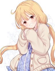 Rule 34 | 1girl, ahoge, bad id, bad pixiv id, blonde hair, blue dress, blush, brown cardigan, brown eyes, cardigan, commentary request, dress, floral background, futaba anzu, grin, hair between eyes, hands up, head tilt, idolmaster, idolmaster cinderella girls, idolmaster cinderella girls starlight stage, long hair, long sleeves, low twintails, open cardigan, open clothes, own hands together, paraffin, plaid, plaid dress, sleeves past wrists, smile, solo, twintails, very long hair, white background