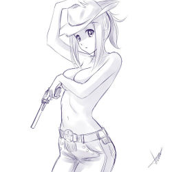 Rule 34 | 1girl, arched back, atomix, belt, breasts, covering privates, covering breasts, gun, handgun, hat, holding, holding gun, holding revolver, holding weapon, medium breasts, monochrome, navel, pants, revolver, short hair, tagme, topless, weapon