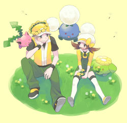Rule 34 | 1boy, 1girl, alternate color, bad id, bad pixiv id, baseball cap, brown eyes, brown hair, closed mouth, commentary request, creatures (company), evolutionary line, flower, game freak, gen 2 pokemon, grass, green overalls, green pants, hat, head wreath, highres, holding, holding flower, hoppip, jacket, jumpluff, long hair, lyra (pokemon), nintendo, open mouth, pants, pokemon, pokemon (creature), pokemon frlg, pokemon hgss, pumpkinpan, red (pokemon), shirt, shoes, short hair, short sleeves, sitting, skiploom, smile, thighhighs, tongue, twintails, white headwear, white thighhighs, yellow flower, yellow footwear, yellow headwear, yellow shirt