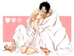 Rule 34 | 1boy, 1girl, afterglow, ance, beard, bed sheet, black hair, blanket, blush, breasts, couple, facial hair, freckles, gol d. roger, green eyes, heart, hetero, hug, hug from behind, long hair, mustache, naked sheet, nude, one piece, portgas d. rouge, smile, wrapped in sheets