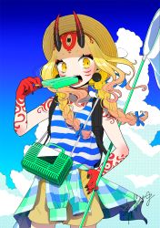 Rule 34 | 1girl, 7meill, alternate costume, blonde hair, blue sky, braid, bug hunting, butterfly net, claws, clothes around waist, cloud, collarbone, commentary request, contemporary, cowboy shot, day, earrings, fate/grand order, fate (series), fingernails, food, hand net, hat, highres, horns, ibaraki douji (fate), jewelry, looking at viewer, oni horns, open mouth, outdoors, popsicle, sharp fingernails, shirt, shorts, sky, sleeveless, sleeveless shirt, solo, standing, straw hat, striped clothes, striped shirt, sweater, sweater around waist, tattoo, twin braids, yellow eyes