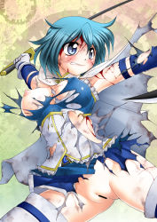 Rule 34 | 10s, 1girl, blood, blue eyes, blue hair, breasts, cape, censored, cleft of venus, cuts, exploding clothes, female focus, gloves, highres, holding, holding sword, holding weapon, injury, magical girl, mahou shoujo madoka magica, matching hair/eyes, miki sayaka, miki sayaka (magical girl), nipples, no panties, pussy, sakura ryuuken, short hair, solo, soul gem, sword, thighhighs, torn clothes, weapon