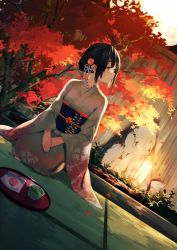 Rule 34 | 1girl, achiki, autumn, black hair, commentary, cup, dutch angle, fence, furisode, hair ornament, hands on lap, japanese clothes, kimono, lantern, light smile, looking to the side, obi, original, profile, sash, seiza, sitting, solo, sunset, teacup, tray