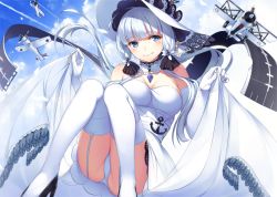 Rule 34 | 1girl, aircraft, airplane, anchor, azur lane, bare shoulders, blue eyes, blue sky, breasts, choker, cleavage, clothes lift, cloud, cloudy sky, commentary request, day, dress, dress lift, elbow gloves, flight deck, gloves, illustrious (azur lane), large breasts, long hair, looking at viewer, mole, mole under eye, off shoulder, panties, pantyshot, runway, sitting, sky, smile, solo, tri tails, underwear, vitamin b2, white dress, white gloves, white hair, white panties