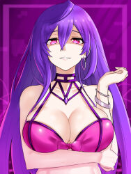 Rule 34 | 1girl, arm under breasts, bikini, blue hair, blush, bracelet, breasts, commentary, earrings, english commentary, gloves, hair between eyes, highres, iris heart, jewelry, kami jigen game neptune v, large breasts, long hair, looking at viewer, neptune (series), open mouth, paid reward available, pink eyes, power symbol-shaped pupils, single earring, solo, straight-on, swimsuit, symbol-shaped pupils, upper body, zatsu