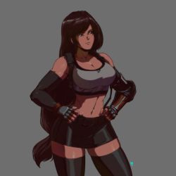 Rule 34 | 1990s (style), 1girl, black hair, black sleeves, breasts, brown eyes, cleavage, commentary, crop top, david liu, detached sleeves, elbow pads, english commentary, final fantasy, final fantasy vii, final fantasy vii remake, fingerless gloves, gloves, grey background, hands on own hips, highres, large breasts, long hair, low-tied long hair, midriff, miniskirt, navel, pencil skirt, red gloves, retro artstyle, single elbow pad, skirt, solo, sports bra, square enix, suspender skirt, suspenders, thick thighs, thighhighs, thighs, tifa lockhart, very long hair, wide hips, zettai ryouiki