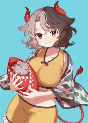 Rule 34 | 1girl, absurdres, animal ears, animal print, black hair, blue background, blush, breasts, collarbone, cow ears, cow girl, cow horns, cow print, cow tail, cowboy shot, e sdss, haori, highres, holding, horns, japanese clothes, large breasts, long sleeves, looking at viewer, multicolored hair, red eyes, short hair, shorts, smile, solo, standing, tail, thighs, touhou, two-tone hair, ushizaki urumi, wide sleeves, yellow shorts