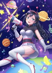 Rule 34 | 1girl, alien, antennae, black hair, blush, boots, breasts, ckst, cleavage, collarbone, commentary, covered navel, earth (planet), facial tattoo, fake antennae, flying saucer, gloves, grey eyes, hair ornament, highres, holding, holding megaphone, jupiter (planet), large breasts, light particles, long hair, looking at viewer, love live!, love live! nijigasaki high school idol club, mars (planet), megaphone, midriff, miniskirt, musical note, navel, one side up, planet, saturn (planet), see-through, short sleeves, sidelocks, skirt, smile, solo, space, spacecraft, star (sky), star (symbol), star tattoo, tattoo, thighhighs, ufo, white gloves, yuki setsuna (love live!)