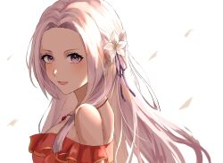 Rule 34 | 1girl, bare shoulders, commentary request, desupisaro 122, edelgard von hresvelg, fire emblem, fire emblem: three houses, flower, hair flower, hair ornament, highres, jewelry, long hair, looking at viewer, necklace, nintendo, open mouth, purple eyes, simple background, solo, white background, white hair