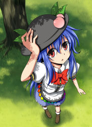 Rule 34 | 1girl, blue hair, bluepony, female focus, food, fruit, full body, hat, hinanawi tenshi, long hair, nature, outdoors, peach, red eyes, ribbon, solo, touhou, tree