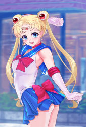 Rule 34 | 1girl, absurdres, arion canvas, arm up, armpits, ass, bishoujo senshi sailor moon, blonde hair, blue eyes, blue skirt, blurry, blurry background, blush, breasts, choker, cowboy shot, double bun, earrings, female focus, gloves, hair bun, highres, jewelry, legs, long hair, looking at viewer, medium breasts, open mouth, sailor moon, skirt, smile, solo, standing, teeth, thighs, tiara, tsukino usagi, twintails, twisted torso, upper teeth only, white gloves