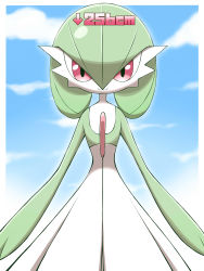 Rule 34 | absurdres, arrow (symbol), border, closed mouth, cloud, commentary request, creatures (company), day, game freak, gardevoir, gen 3 pokemon, height, highres, looking at viewer, nintendo, outdoors, outside border, pink eyes, pokemon, pokemon (creature), shabana may, sky, smile, solo, white border