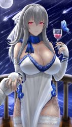 Rule 34 | 1girl, absurdres, archstreal, azur lane, bare shoulders, breasts, bug, butterfly, china dress, chinese clothes, cleavage, cross, cross earrings, cup, dress, earrings, elbow gloves, fingerless gloves, flower, gloves, grey hair, highres, holding, holding cup, holding hands, insect, jewelry, large breasts, long hair, mole, mole under eye, ornate ring, pov, red eyes, ring, saint-louis (azur lane), saint-louis (holy knight&#039;s resplendence) (azur lane), saint-louis (holy knight&#039;s resplendence) (azur lane), sleeveless, sleeveless dress, solo focus, thighhighs, wedding ring