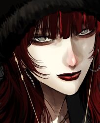 Rule 34 | 1girl, close-up, closed mouth, commentary, earrings, grey eyes, highres, hoshi san 3, jewelry, long hair, looking at viewer, original, portrait, red hair, red lips, solo