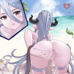 Rule 34 | 1girl, all fours, anus, ass, back, bare shoulders, beach, bikini, blue sky, blush, bottomless, breasts, brown eyes, cleft of venus, draph, flower, granblue fantasy, hair between eyes, hair ornament, hand on own ass, highres, iiros, izmir, large breasts, leaf, long hair, looking at viewer, mole, mole under mouth, open mouth, pointy ears, ponytail, pussy, silver hair, sky, snowflake hair ornament, solo, swimsuit, thigh strap, thighs, very long hair, white bikini