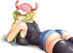 Rule 34 | 10s, 1girl, ass, baseball cap, black shirt, black thighhighs, blue hair, blue shorts, breasts, closed mouth, commentary, dragon girl, dragon horns, from behind, green eyes, green hair, hair between eyes, hair over shoulder, hat, head rest, heterochromia, horns, kobayashi-san chi no maidragon, large breasts, long hair, lucoa (maidragon), lying, multicolored hair, on stomach, rixch, shirt, short shorts, shorts, sideboob, simple background, sleeveless, sleeveless shirt, slit pupils, smile, solo, tank top, thighhighs, thighs, white background
