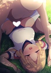 Rule 34 | 1boy, 1girl, blonde hair, bloomers, blush, breasts, buruma, censored, clothed female nude male, darumoon, closed eyes, grass, gym shirt, gym uniform, heart, heart censor, highres, implied sex, large breasts, lying, missionary, moriya suwako, nude, on back, open mouth, outdoors, sex, shirt, spread legs, thighhighs, touhou, underwear