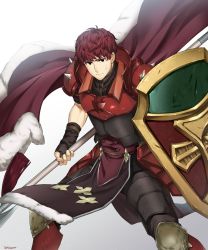 Rule 34 | 1boy, armor, armored boots, boots, cape, dated, fingerless gloves, fire emblem, fire emblem echoes: shadows of valentia, fur trim, futabaaf, gloves, highres, lukas (fire emblem), male focus, nintendo, polearm, red eyes, red hair, shield, simple background, solo, spear, weapon, white background