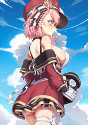 Rule 34 | 1girl, bare shoulders, black choker, blue sky, breasts, cabbie hat, charlotte (genshin impact), choker, cloud, commentary, cowboy shot, day, genshin impact, gloves, green eyes, hat, highres, holding, kangbus, large breasts, long sleeves, miniskirt, off shoulder, outdoors, parted lips, pink hair, profile, red hat, red skirt, short hair, skirt, sky, solo, standing, thigh strap, thighs, white gloves