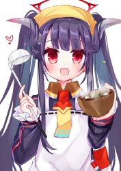 Rule 34 | 1girl, :d, apron, black hair, black shirt, blue archive, blurry, blurry foreground, blush, bowl, collared shirt, depth of field, food, frilled sleeves, frills, fuuka (blue archive), halo, head scarf, heart, highres, holding, holding bowl, ladle, long hair, long sleeves, looking at viewer, open mouth, red eyes, shikito (yawa0w0), shirt, simple background, smile, solo, steam, twintails, upper body, very long hair, white apron, white background