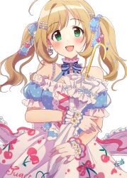 Rule 34 | 1girl, ahoge, bare shoulders, blonde hair, blue ribbon, blue sleeves, blush, bow, breasts, cherry print, choker, detached collar, detached sleeves, dot nose, dress, earrings, food print, frilled ribbon, frilled sleeves, frills, gloves, green eyes, hair bow, hair ornament, hair ribbon, hand up, heart, heart earrings, heart hair ornament, highres, holding, holding umbrella, idolmaster, idolmaster cinderella girls, idolmaster cinderella girls starlight stage, jewelry, large breasts, long hair, looking at viewer, open mouth, polka dot, polka dot dress, polka dot sleeves, potesara888, print dress, ribbon, ribbon choker, sato shin, scrunchie, signature, simple background, sleeveless, sleeveless dress, smile, solo, striped ribbon, twintails, two-tone dress, umbrella, upper body, white background, white gloves, white umbrella, wrist scrunchie