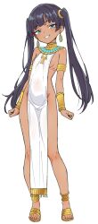 Rule 34 | 1girl, ankh, anklet, armlet, black hair, blue eyes, blunt bangs, breasts, clenched teeth, commentary request, dark-skinned female, dark skin, earrings, egyptian clothes, full body, highres, jewelry, kamidan, long hair, looking at viewer, original, pelvic curtain, ribs, sandals, simple background, small breasts, smile, solo, standing, teeth, toes, twintails, usekh collar, white background, yellow bracelet