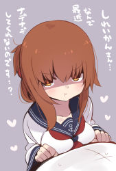 Rule 34 | 1girl, :t, alternate breast size, anchor symbol, black sailor collar, blush, breasts, brown eyes, brown hair, collarbone, commentary request, folded ponytail, grey background, hair between eyes, heart, highres, inazuma (kancolle), kantai collection, long hair, long sleeves, looking at viewer, medium breasts, neckerchief, pout, red neckerchief, sailor collar, school uniform, serafuku, shaded face, shirt, simple background, solo, suzuki toto, translated, white shirt