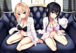 Rule 34 | 2girls, aomine flavia, arm support, barefoot, black bra, black panties, blonde hair, blue eyes, blurry, blurry background, blush, bow, bow bra, bra, breasts, brown eyes, cleavage, commentary, couch, curtains, dress shirt, frilled bra, frilled panties, frills, head tilt, indoors, kurokami (kurokaminohito), kurono mika, lace, lace-trimmed bra, lace-trimmed panties, lace trim, light blush, light smile, lips, long hair, long sleeves, looking at viewer, medium breasts, multiple girls, navel, no pants, on couch, open clothes, open mouth, open shirt, original, panties, print bra, print panties, purple bra, purple panties, shirt, sitting, sleeves past wrists, smile, underwear, wariza, window, yokozuwari