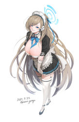 Rule 34 | 1girl, apron, asuna (blue archive), black dress, blue archive, blue neckwear, blush, bow, bowtie, breasts, choker, cleavage, dress, elbow gloves, full body, garter straps, gloves, grin, halo, headphones, highres, large breasts, light brown hair, long hair, long sleeves, maid headdress, mine (wizard), mole, mole on breast, neck ribbon, own hands together, ribbon, short sleeves, smile, solo, thighhighs, thighs, white apron, white gloves, white thighhighs