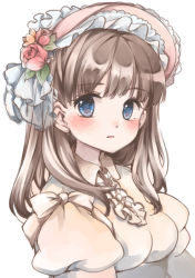 Rule 34 | 1girl, :o, blue eyes, blush, bonnet, breasts, brown hair, buttons, center frills, collared dress, dress, flower, frilled hat, frills, hair flower, hair ornament, hat, hat ribbon, juliet sleeves, long hair, long sleeves, looking at viewer, medium breasts, motchida, open mouth, original, pink flower, portrait, puffy sleeves, ribbon, simple background, solo, symbol-shaped pupils, white background, white ribbon