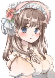 1girl :o blue_eyes blush bonnet breasts brown_hair buttons center_frills collared_dress dress female_focus flower frilled_hat frills hair_flower hair_ornament hat hat_ribbon juliet_sleeves long_hair long_sleeves looking_at_viewer medium_breasts motchida open_mouth original pink_flower portrait puffy_sleeves ribbon simple_background solo symbol-shaped_pupils white_background white_ribbon