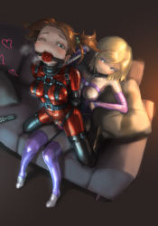 Rule 34 | 1=2, 2girls, arms behind back, ball gag, bdsm, blonde hair, blue eyes, blush, bodysuit, bondage, bound, breasts, breath, brown hair, chain, clothed sex, collar, couch, crotch zipper, dildo, dominatrix, femdom, gag, gagged, gloves, gradient background, green eyes, hair bobbles, hair ornament, harness, heart, highres, latex, latex gloves, latex legwear, latex suit, leash, medium breasts, multiple girls, one eye closed, original, pussy, pussy juice, reverse upright straddle, saliva, sex, sex from behind, sex toy, simple background, slave, strap-on, sweat, thighhighs, twintails, uncensored, underwear, vaginal, wince, yuri, zipper
