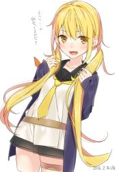 Rule 34 | 10s, 1girl, 2016, ama mitsuki, blonde hair, dated, jacket, kantai collection, long sleeves, low twintails, satsuki (kancolle), satsuki kai ni (kancolle), school uniform, serafuku, skirt, solo, translated, twintails, yellow eyes