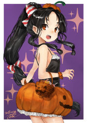 Rule 34 | 1girl, alternate costume, basket, black hair, blush, bow, brown eyes, candy, dated, food, frills, hair ornament, halloween, halloween costume, highres, jack-o&#039;-lantern, kantai collection, long hair, low-tied long hair, multi-tied hair, nisshin (kancolle), open mouth, pumpkin, pumpkin pants, purple background, scrunchie, short eyebrows, simple background, solo, sparkle, striped, striped bow, tank top, toka (marchlizard), wrist scrunchie