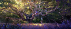 Rule 34 | 2boys, black hair, blurry, boots, chenalii, commentary, copyright request, day, depth of field, english commentary, field, flower, flower field, forest, grass, highres, holding, holding sword, holding weapon, in tree, knee up, long sleeves, looking at another, looking down, looking up, male focus, multiple boys, nature, pants, puffy long sleeves, puffy sleeves, robe, shirt, short hair, sitting, standing, sword, tree, weapon, weapon on back, wide sleeves