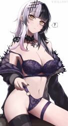 Rule 34 | 1girl, ?, absurdres, black bra, black coat, black hair, black nails, black panties, blunt bangs, bra, breasts, closed mouth, coat, fur-trimmed coat, fur trim, hair ornament, highres, hololive, hololive english, large breasts, multicolored hair, navel, off shoulder, panties, shiori novella, shiori novella (1st costume), simple background, single thighhigh, solo, split-color hair, spoken question mark, stomach, thigh strap, thighhighs, underwear, vicarious, virtual youtuber, white background, white hair, yellow eyes, yorick (shiori novella)