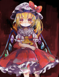 Rule 34 | 1girl, ascot, bat wings, blonde hair, crystal, flandre scarlet, hat, hat ribbon, hiyuu (hiyualice), mob cap, multicolored wings, one side up, puffy short sleeves, puffy sleeves, red eyes, red vest, ribbon, short sleeves, side ponytail, skirt, skirt set, solo, star (symbol), touhou, vest, white hat, wings, yellow ascot