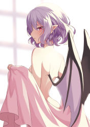 Rule 34 | 1girl, back, bat wings, beni kurage, blanket, breasts, commentary request, highres, light purple hair, looking back, medium hair, nude, pointy ears, red eyes, remilia scarlet, simple background, small breasts, solo, touhou, vampire, wings