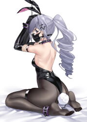 Rule 34 | 1girl, animal ears, ass, bare shoulders, bed sheet, black gloves, black leotard, bound, bound wrists, breasts, brown pantyhose, drill hair, ear piercing, fake animal ears, fake tail, fishnet gloves, fishnets, ginklaga, gloves, hands up, highres, honkai: star rail, honkai (series), leotard, long hair, looking back, mask, medium breasts, mouth mask, no shoes, pantyhose, piercing, ponytail, rabbit ears, rabbit tail, restrained, shiny clothes, sideways glance, silver wolf (honkai: star rail), simple background, sitting, skindentation, tail, thigh strap, wariza, white background