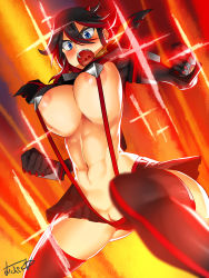 Rule 34 | 10s, 1girl, abs, angry, artist name, black hair, black legwear, blue eyes, blush, breasts, clitoris slip, elbow gloves, gloves, kill la kill, large breasts, living clothes, looking at viewer, matoi ryuuko, multicolored hair, navel, obui, open mouth, pussy, pussy peek, red hair, revealing clothes, senketsu, short hair, signature, skirt, suspenders, tongue, uncensored, uvula