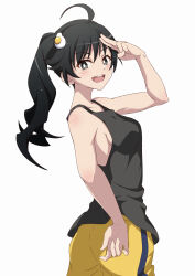 Rule 34 | 1girl, :d, absurdres, ahoge, araragi karen, asymmetrical hair, bakemonogatari, bare arms, bare shoulders, black eyes, black hair, black tank top, blush, breasts, bright pupils, collarbone, commentary, commission, cowboy shot, curled fingers, egg hair ornament, food-themed hair ornament, fried egg, from side, hair between eyes, hair ornament, hand on own hip, highres, long hair, looking at viewer, looking to the side, medium breasts, monogatari (series), nisemonogatari, nishizuki shino, open mouth, pants, round teeth, salute, side ponytail, sideboob, simple background, single vertical stripe, sleeveless, smile, solo, standing, tank top, teeth, track pants, upper teeth only, white background, white pupils, yellow pants