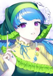 Rule 34 | 1girl, absurdres, apron, blue hair, blue nails, blue ribbon, bubble, commentary request, dress, eyebrows hidden by hair, frills, green apron, green headwear, haniyasushin keiki, head scarf, highres, holding, jewelry, long hair, looking at viewer, magatama, magatama necklace, nail polish, necklace, open mouth, pearl necklace, pink eyes, ribbon, single strap, smile, solo, tools, touhou, user pymc8558, white background, yellow dress