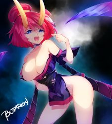 Rule 34 | 1girl, artist name, bare shoulders, blood moon evelynn, blue eyes, breasts, butaros, cleavage, detached sleeves, evelynn (league of legends), groin, highres, horns, japanese clothes, kimono, large breasts, league of legends, looking at viewer, open mouth, red hair, saliva, saliva trail, scythe, smile, wide sleeves