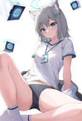Rule 34 | 1girl, absurdres, alternate costume, animal ear fluff, animal ears, arm support, blue archive, blue eyes, buruma, commentary, commentary request, cross, cross hair ornament, drone, grey hair, gym shirt, gym uniform, hair ornament, halo, highres, id card, inverted cross, jacket, knee up, lanyard, medium hair, mismatched pupils, off shoulder, revision, shiroko (blue archive), shirokuma (zeroillya), shirt, sitting, socks, sweat, thighs, white background, white shirt, white socks, wolf ears